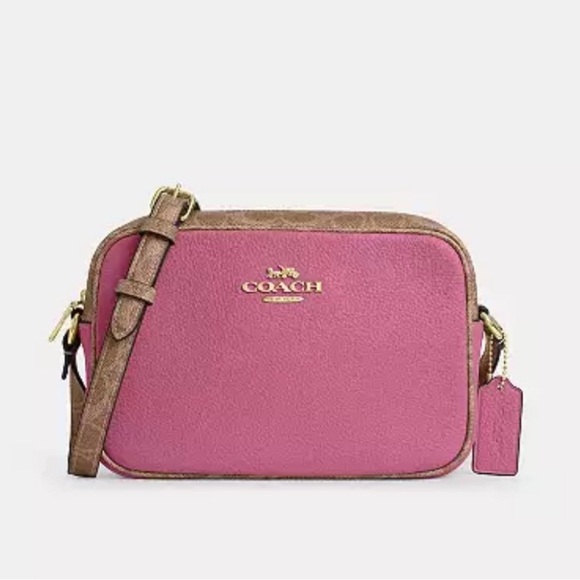 Coach Handbags - Coach Jamie Pink Tan Leather Crossbody Camera Bag CBM24 Signature Trim Print